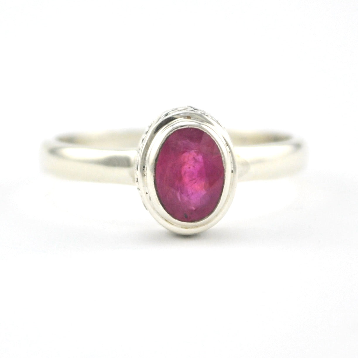 Front View Silver Ruby 5x7mm Oval Bali Ring