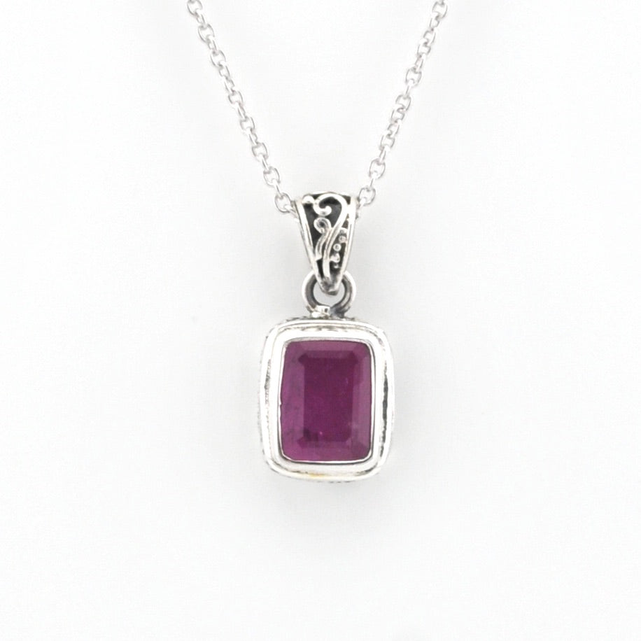 Silver Ruby 6x8mm Rectangle Bali Necklace on white background