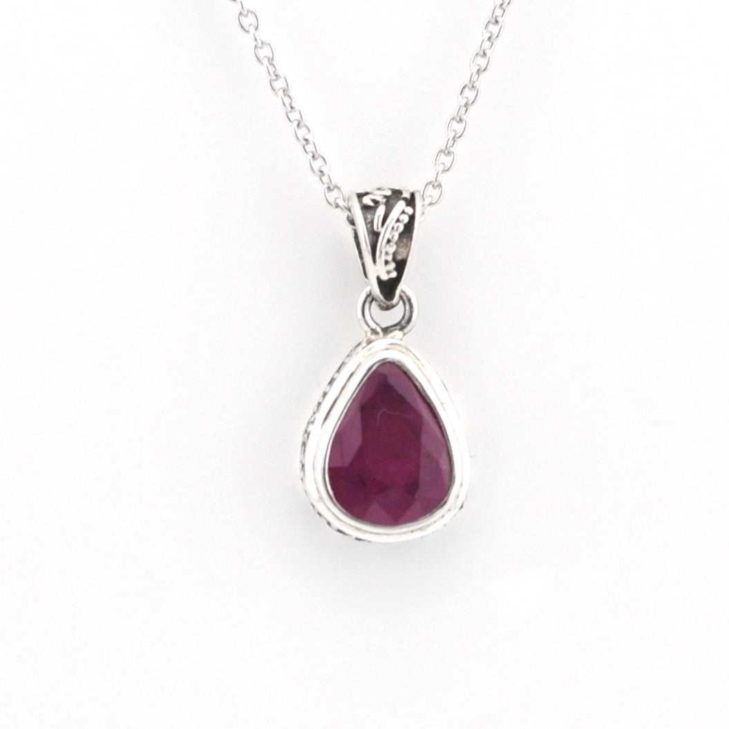 Silver Ruby 7x9mm Tear Bali Necklace on white background