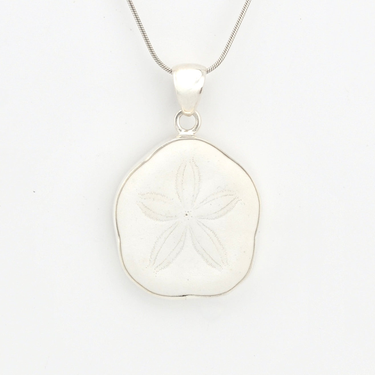 Silver sand dollar pendant on a white background