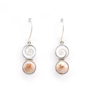 Handmade Silver Shiva Shell Bronze Pearl Dangle Earrings on white backgound