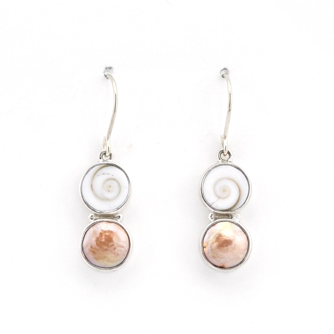 Handmade Silver Shiva Shell Bronze Pearl Dangle Earrings on white backgound