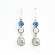 Pair of earrings with blue gemstones and pearl-like elements on a white background
