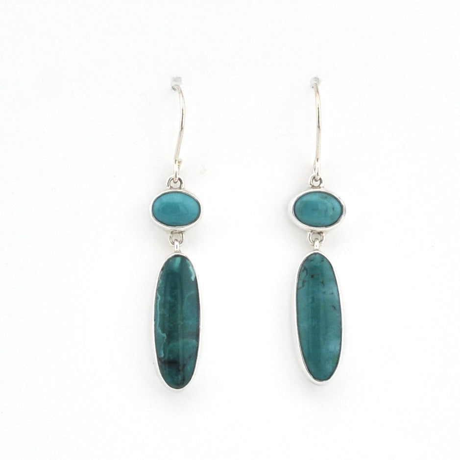 Silver Turquoise Long Oval Dangle Earrings on white background