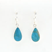 Teardrop-shaped blue earrings on a white background