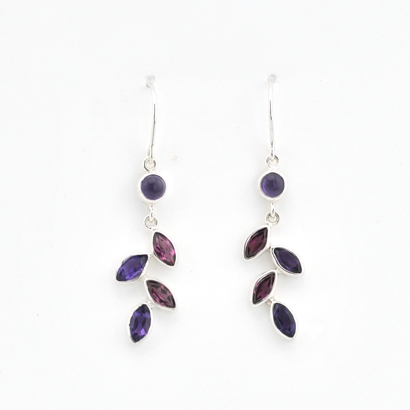 Sterling Amethyst Rhodolite Garnet Marquise Earrings on white background