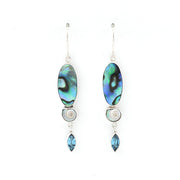 Pair of earrings with abalone shell, pearl, and blue gemstone on a white background