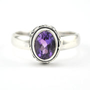 Front View Sterling Silver Amethyst 6x8mm Oval Bali Ring
