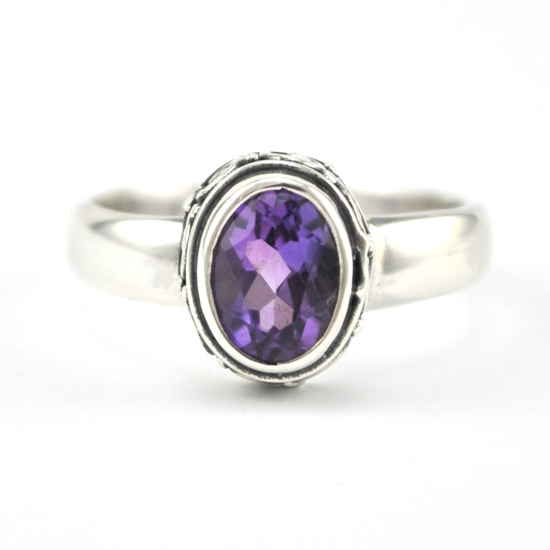Front View Sterling Silver Amethyst 6x8mm Oval Bali Ring