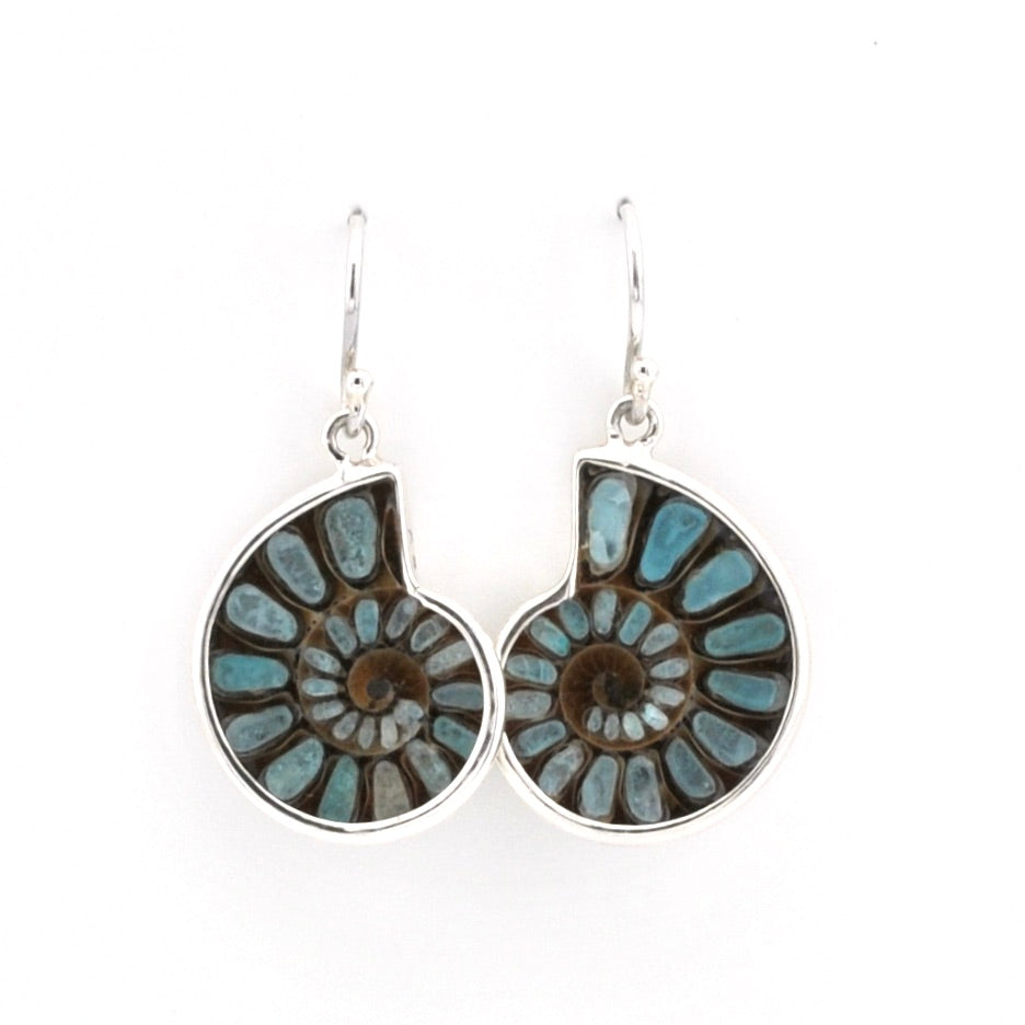 A pair of silver dangle earrings featuring circular ammonite shell charms with light blue and brown inlay, shown on a plain white background.