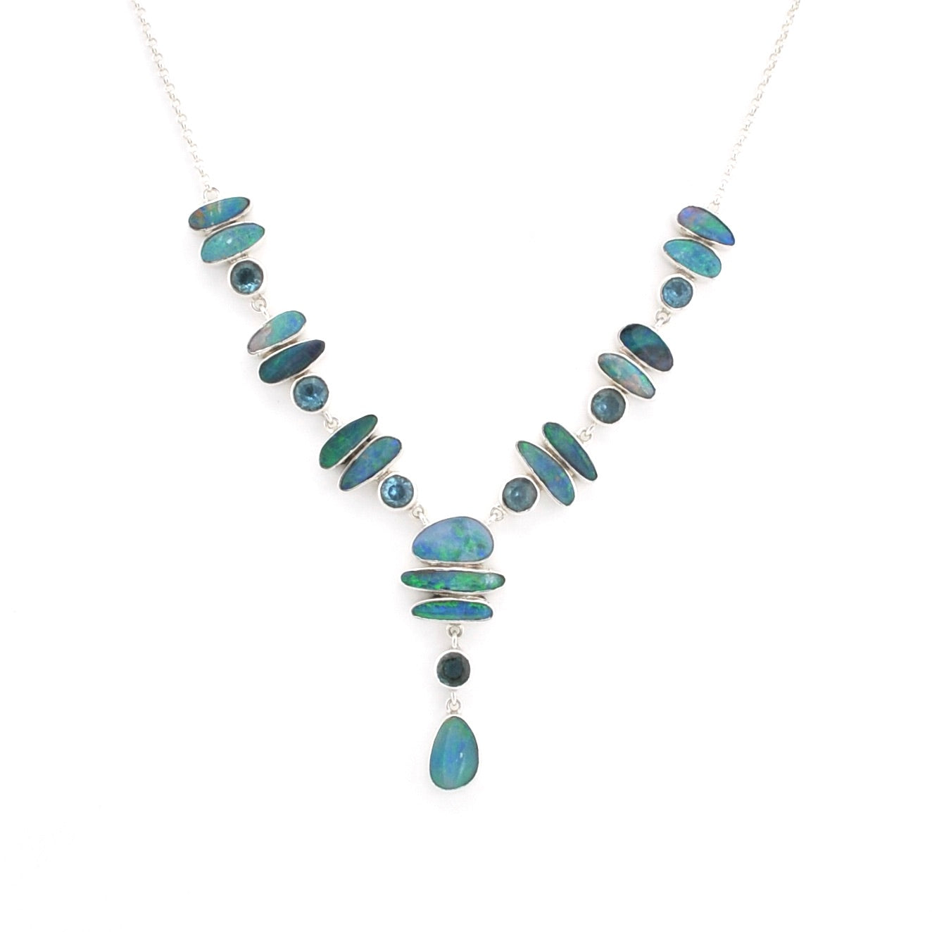 A silver Y-shaped necklace featuring irregular blue-green opal stones and small dark round beads, displayed on a clean white background.