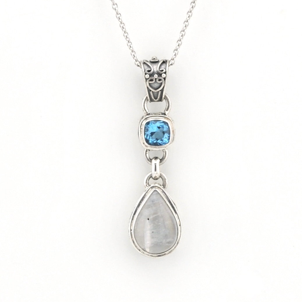 Front View Sterling Silver Blue Topaz Moonstone Bali Necklace