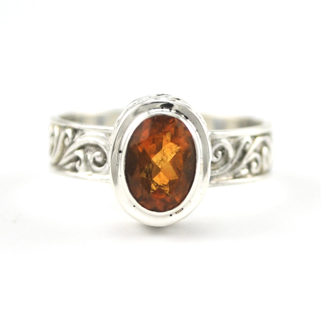 Front View Sterling Silver Citrine 6x8mm Oval Swirl Band Ring