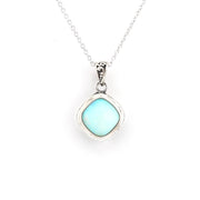 A silver pendant necklace featuring a square-shaped light blue opal stone in a silver bezel setting, suspended from a delicate silver chain against a plain white background.