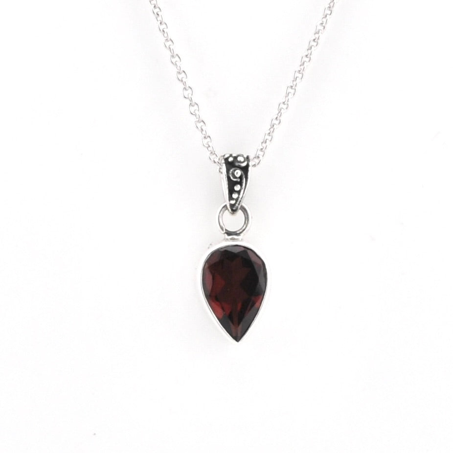Garnet pendant on a silver chain on a white background.