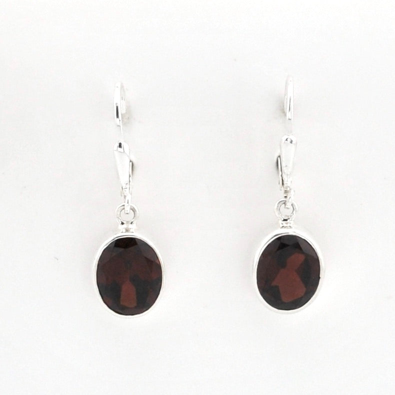 A pair of silver leverback drop earrings with oval dark brown gemstone pendants, shown against a plain white background.