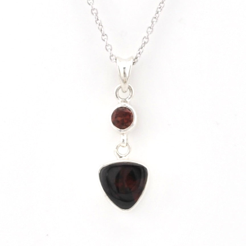 Front View Sterling Silver Garnet Round Trillion Necklace