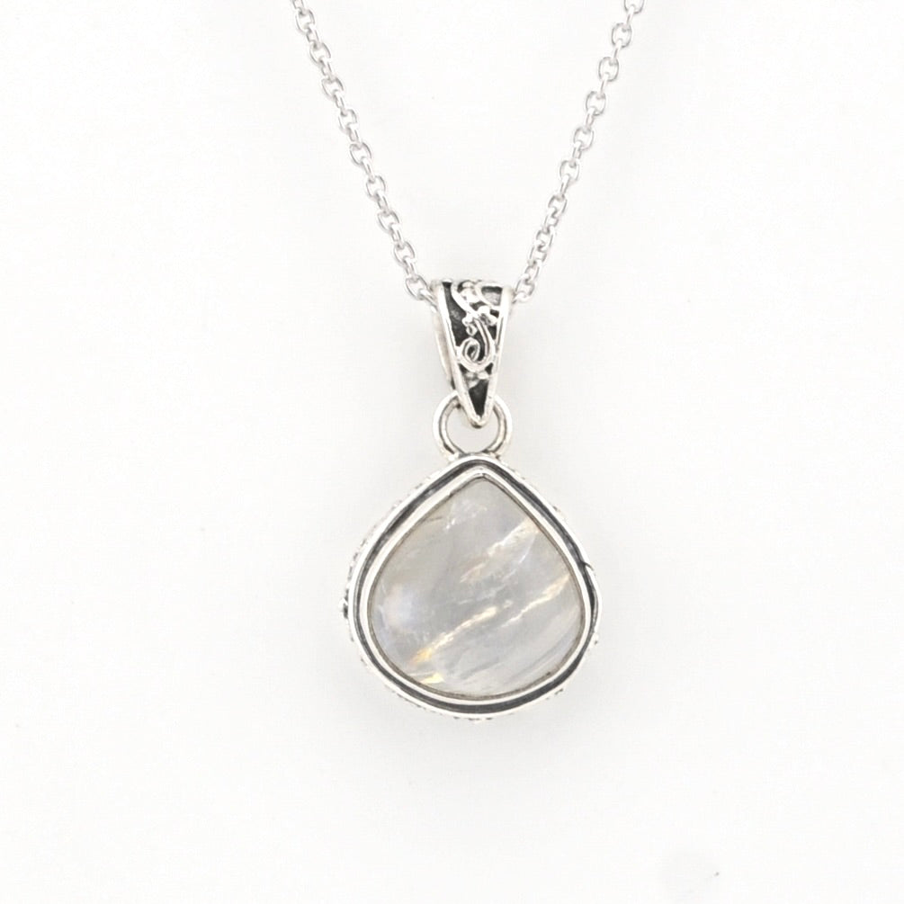 Front View Sterling Silver Moonstone 10x12mm Tear Bali Necklace