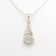 Front View Sterling Silver Oval Rainbow Moonstone Scroll Pendant
