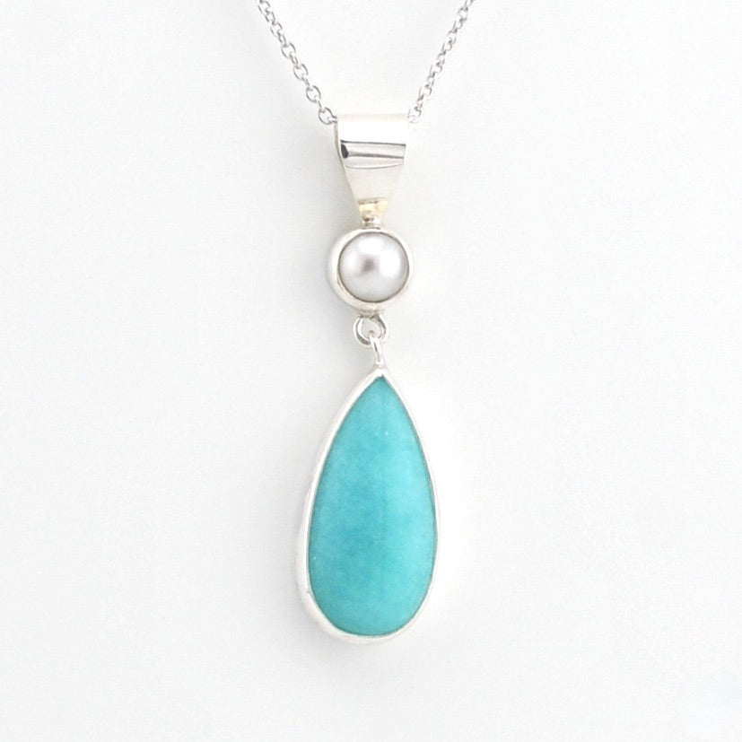 Sterling Silver Pearl Amazonite Tear Necklace on white background