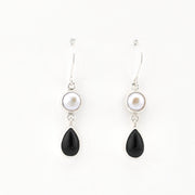 Silver Pearl Black Onyx Dangle Earrings on white background