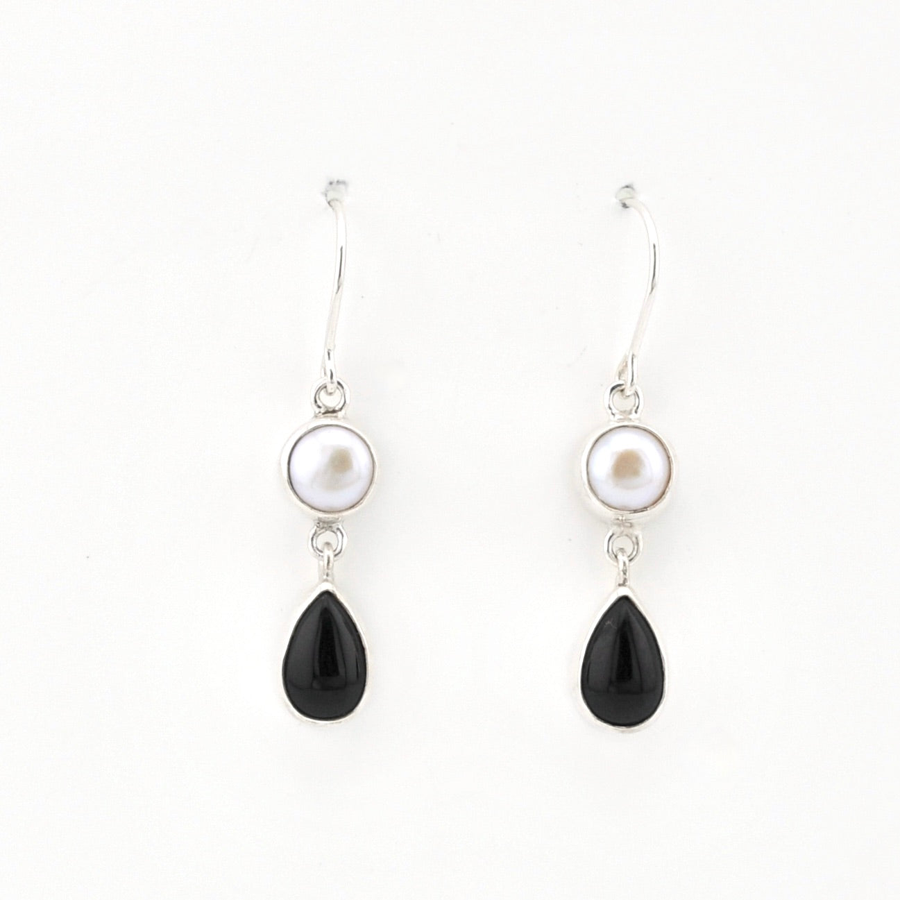 Silver Pearl Black Onyx Dangle Earrings on white background