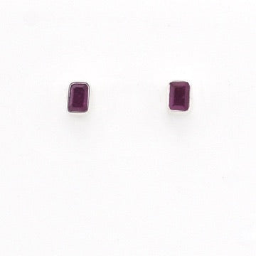 A pair of small rectangular stud earrings with dark purple rectangular gemstones in silver settings, shown on a plain white background.