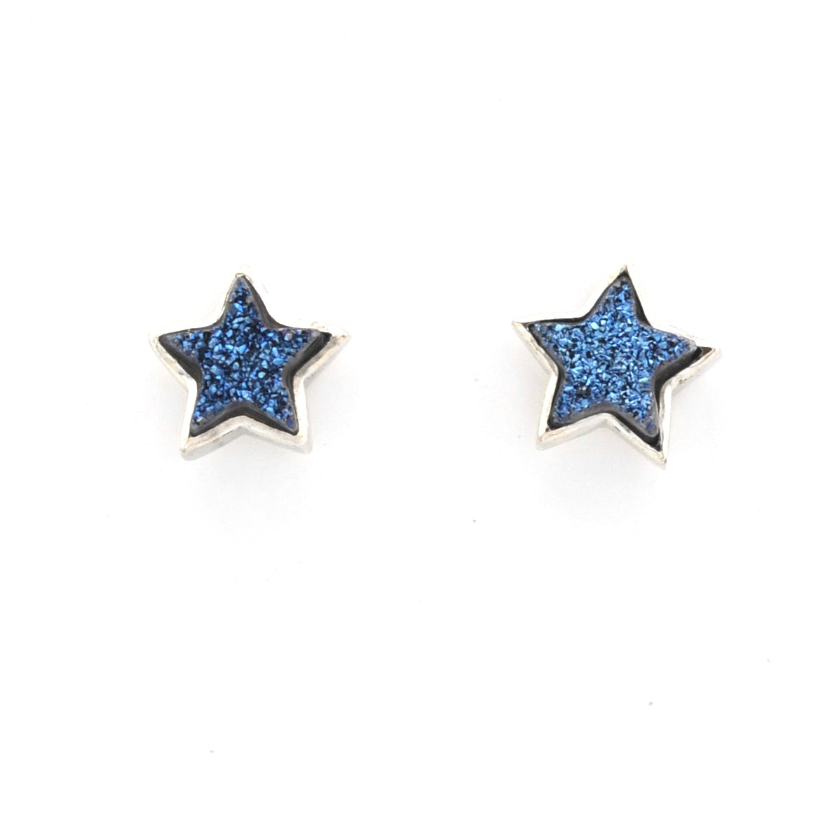 Pair of gold earrings with druzy agate stars on a white background