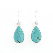 A pair of silver drop earrings featuring teardrop-shaped turquoise stones with natural dark matrix veining, displayed on a clean white background.