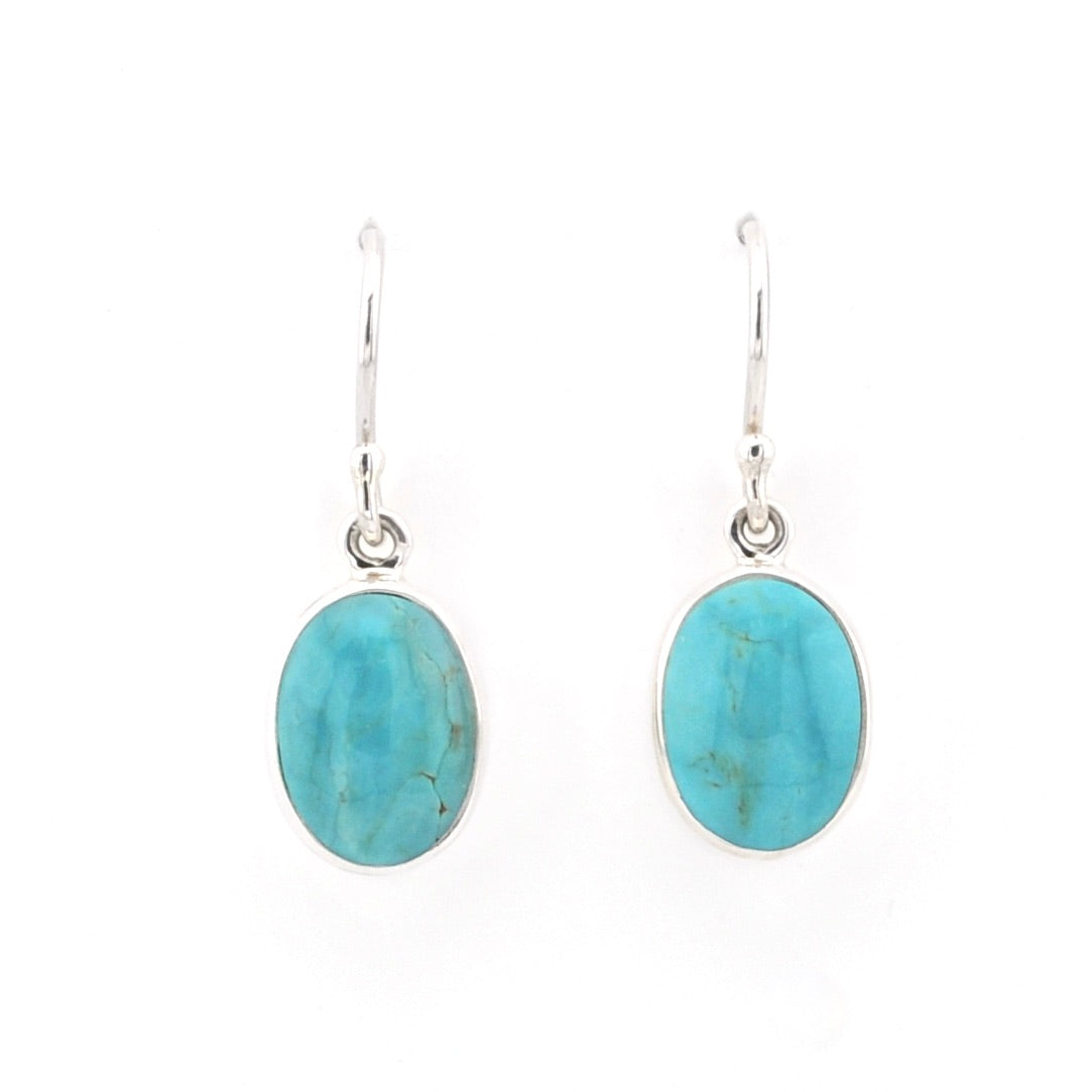 A pair of turquoise oval dangle earrings on a white background