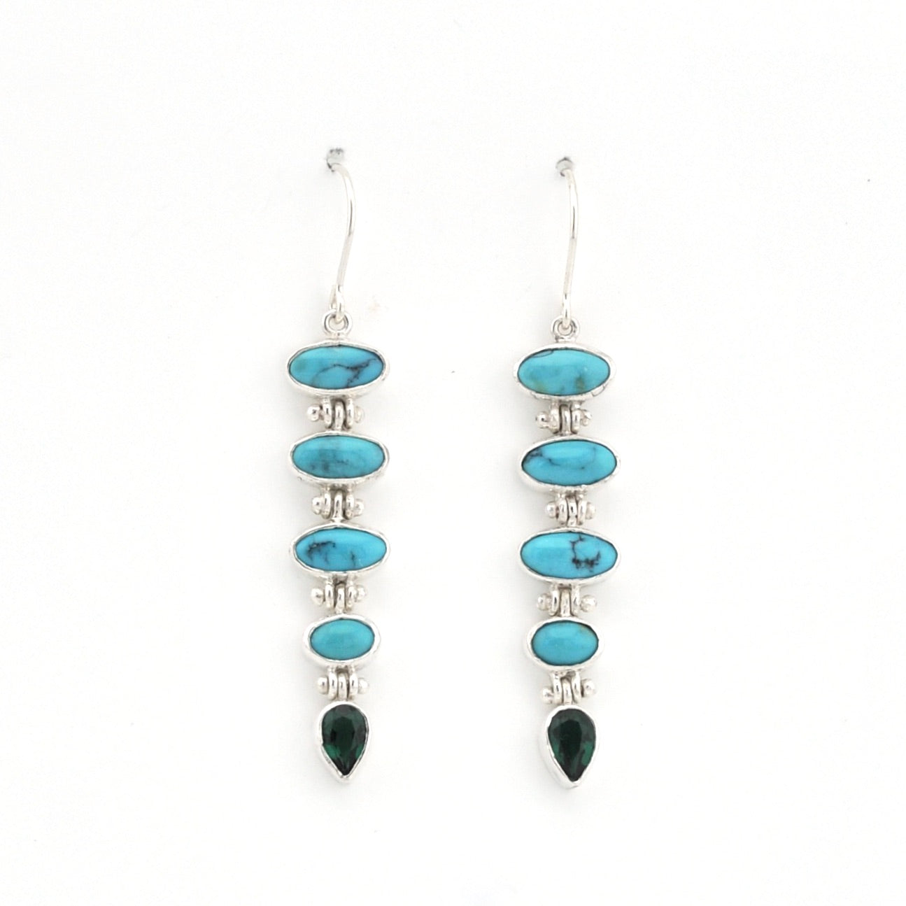 Handmade sterling silver dangle earrings featuring genuine turquoise and green quartz gemstones.