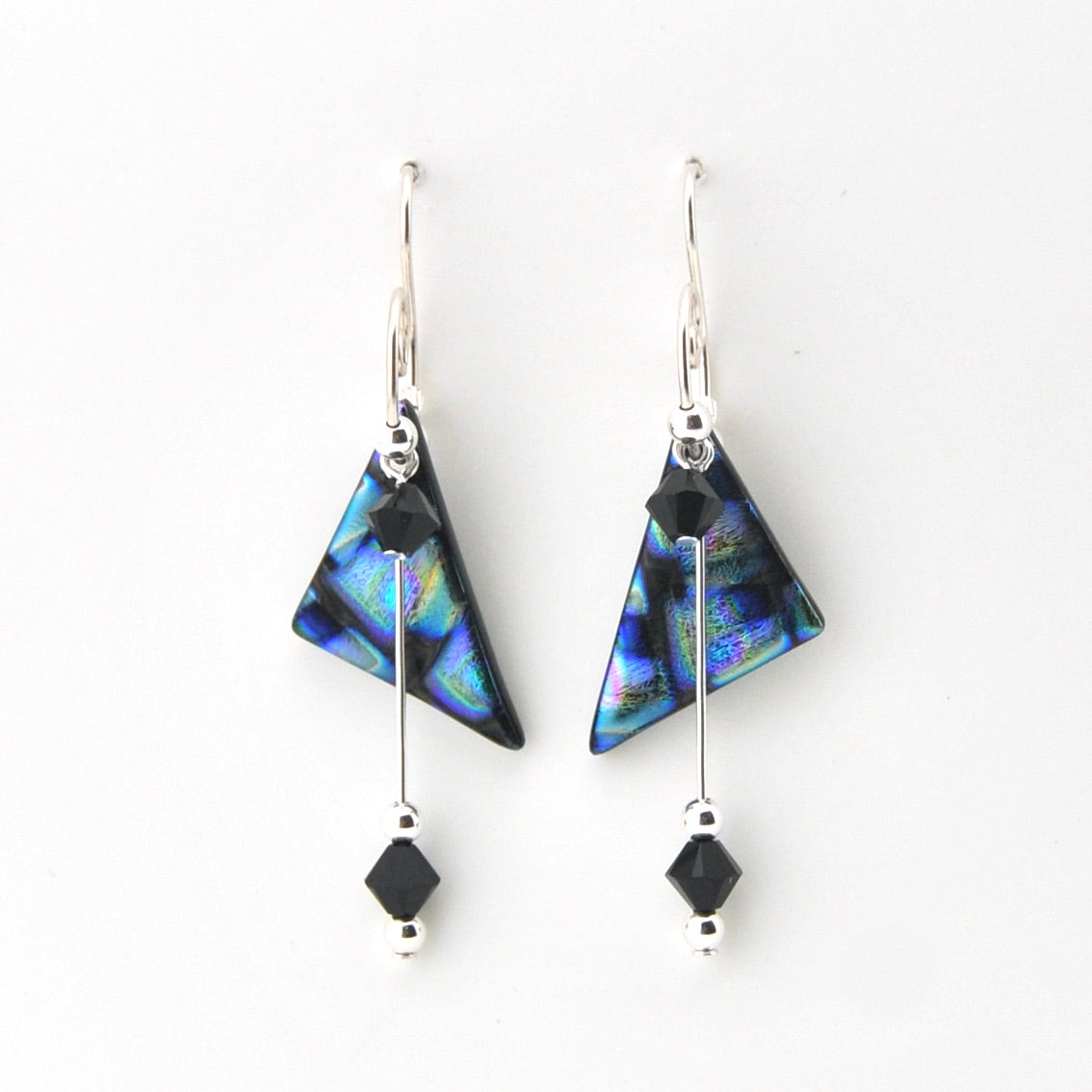 Triangle-shaped earrings with black and blue accents on a white background