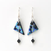 Triangle-shaped earrings with black and blue accents on a white background