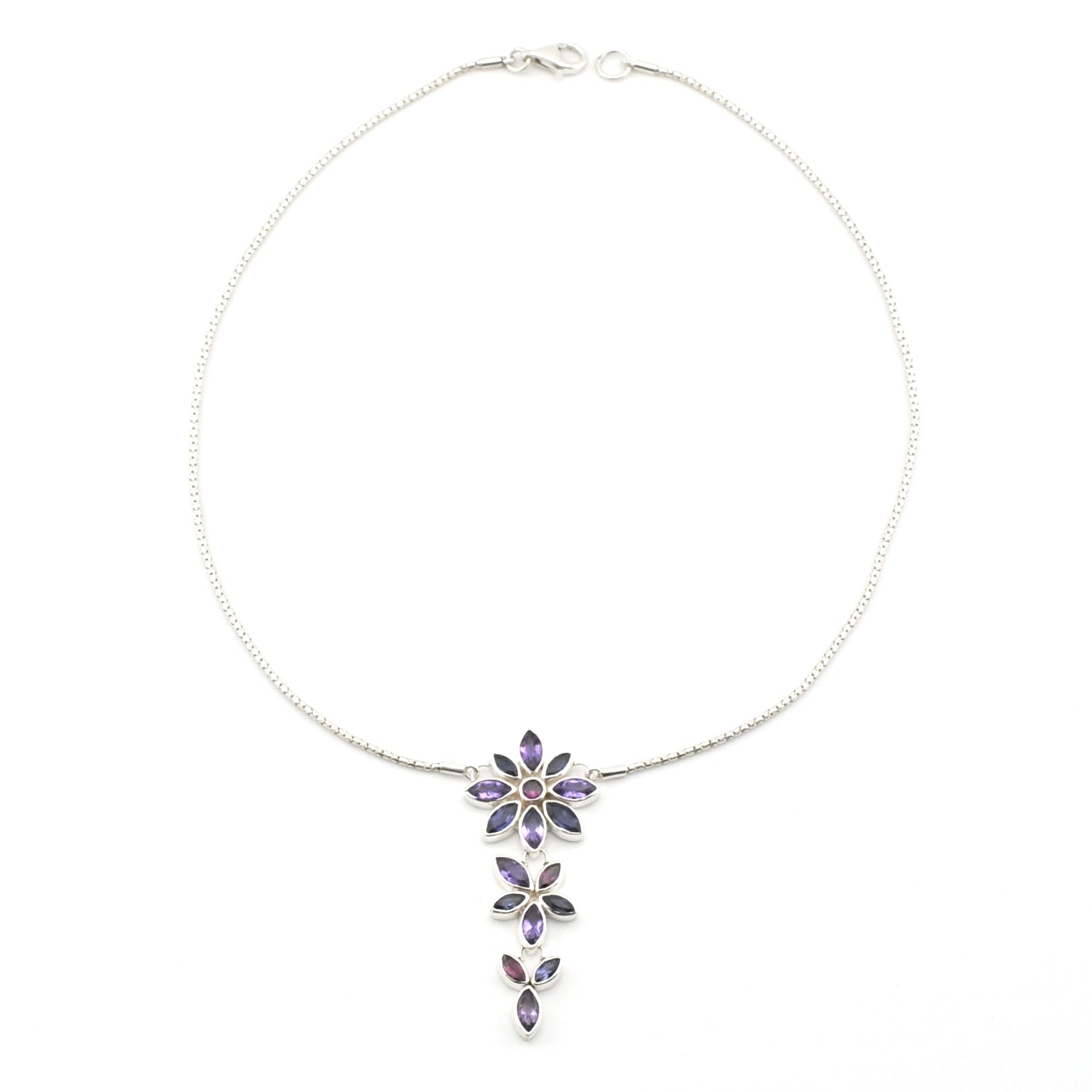 Handmade Sterling Silver Amethyst Iolite Rhodolite Flower Necklace on white background