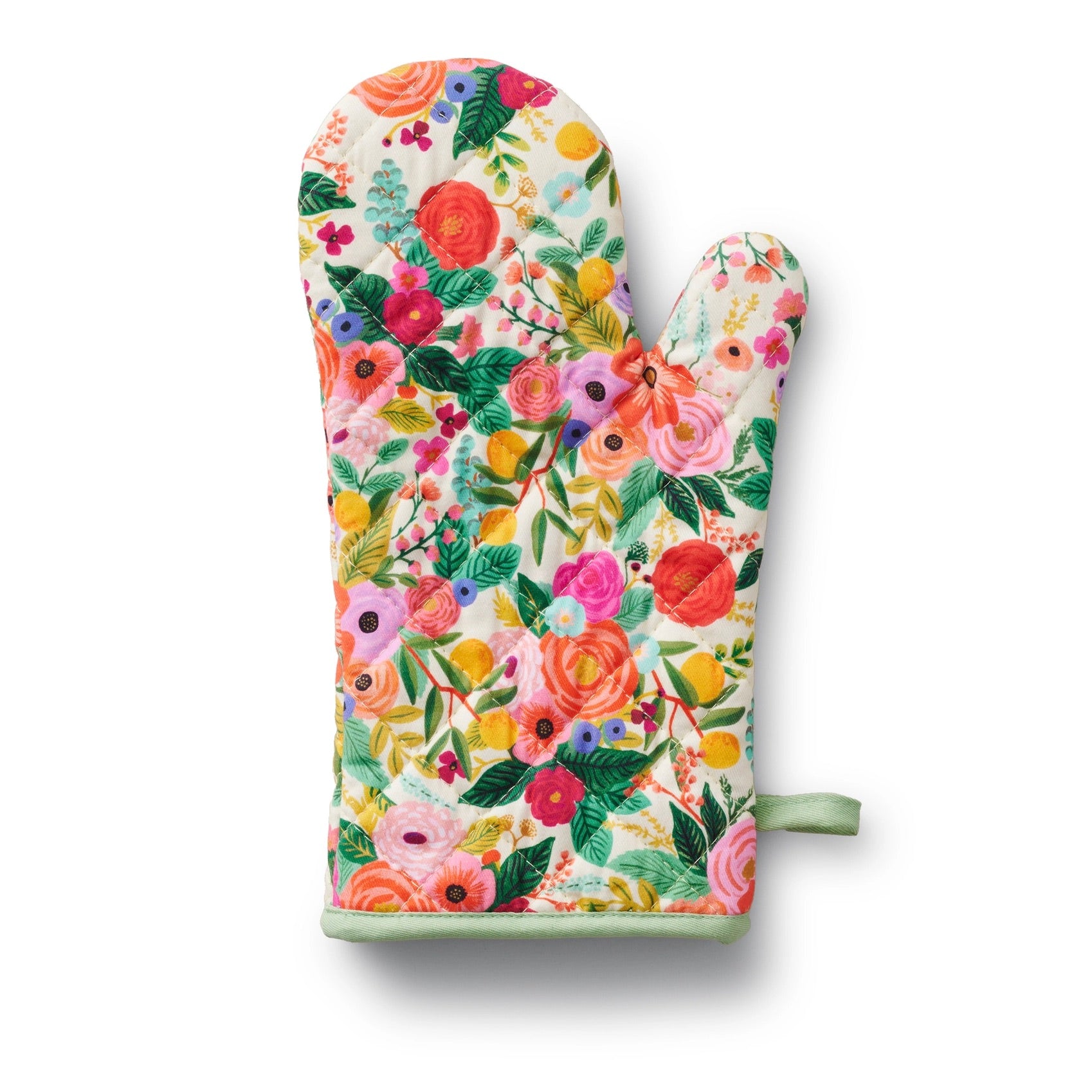 Floral oven mitt and pot holder set on a white background
