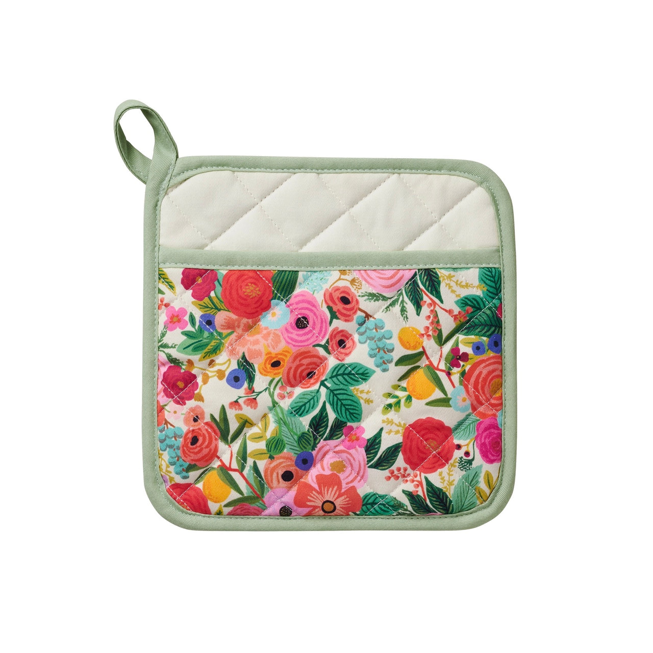Floral patterned pot holder with a green border on a white background