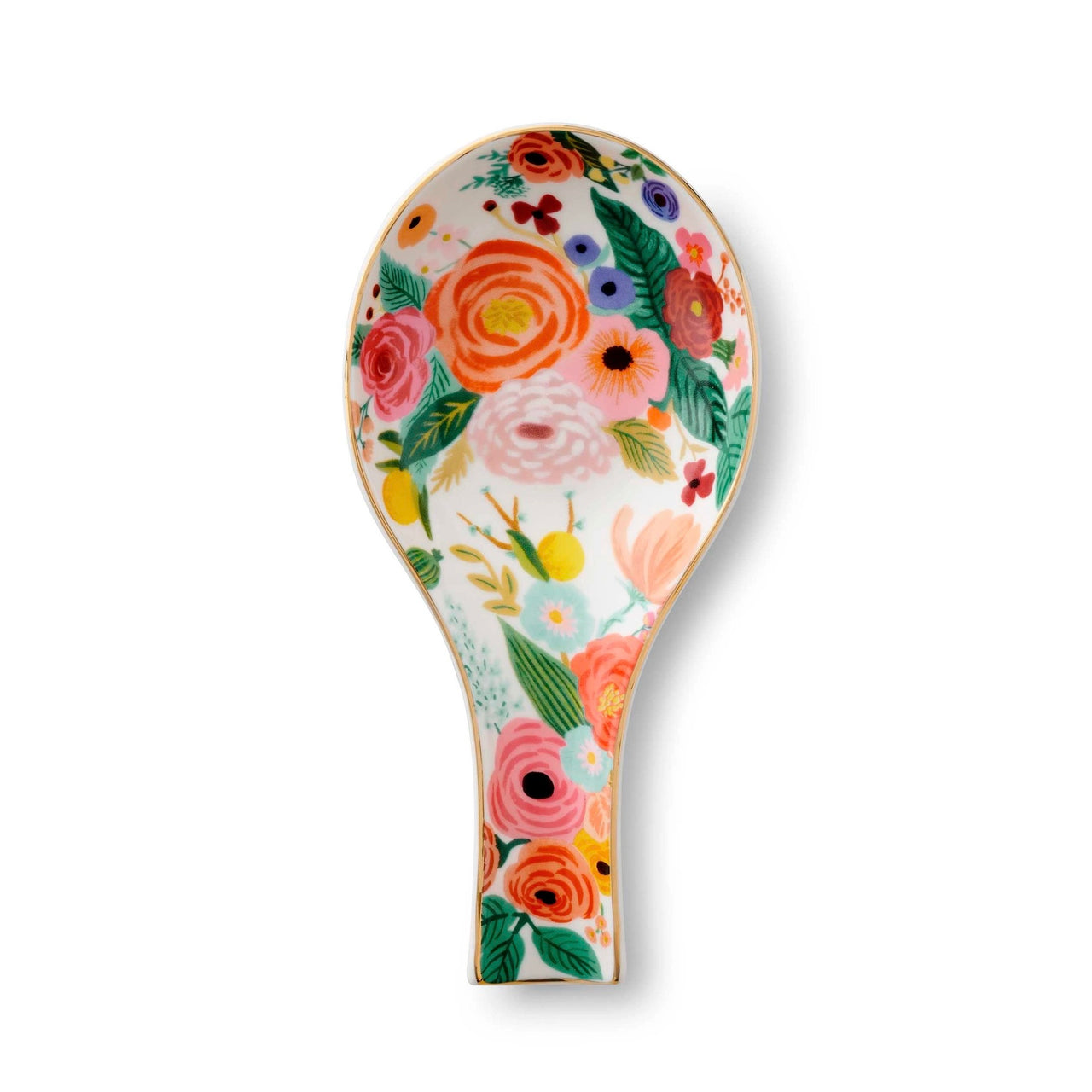 Decorative spoon rest with floral design on a white background