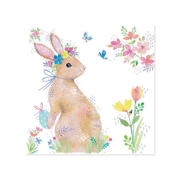 Illustration of a bunny with flowers and butterflies on a white background