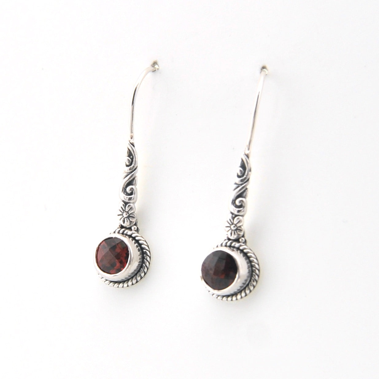 Sterling Silver Garnet 6mm Round Bali Dangle Earrings