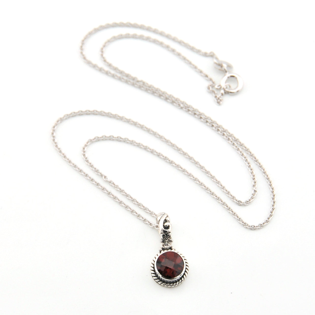 Sterling Silver Garnet 7mm Round Bali Necklace