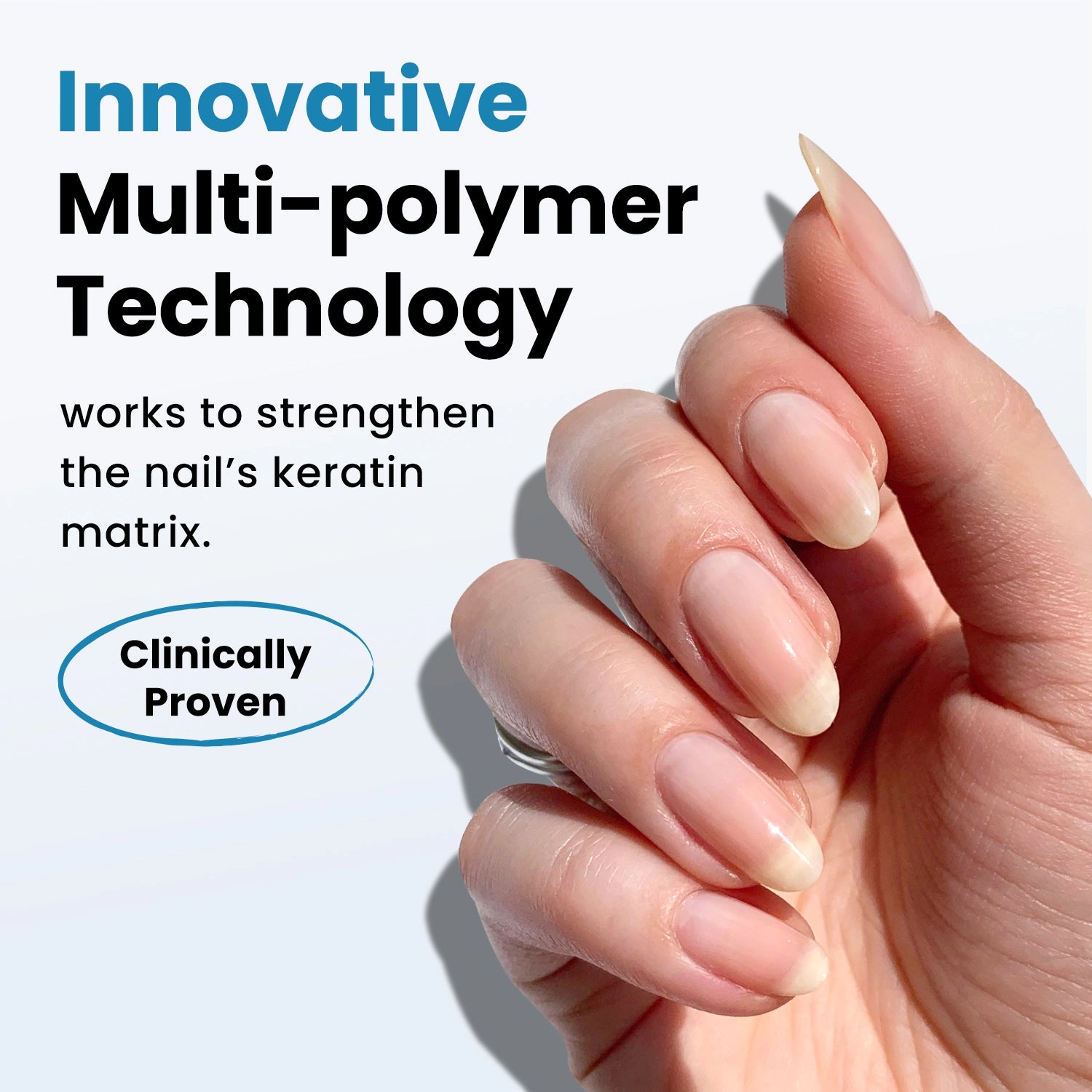 Hand with well-manicured nails and promotional text about innovative multi-polymer technology.