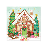 A square Christmas-themed illustration featuring a gingerbread house with a green door, snow-dusted roof, candy canes, decorated trees, gifts, and a gingerbread person, centered on a white background.