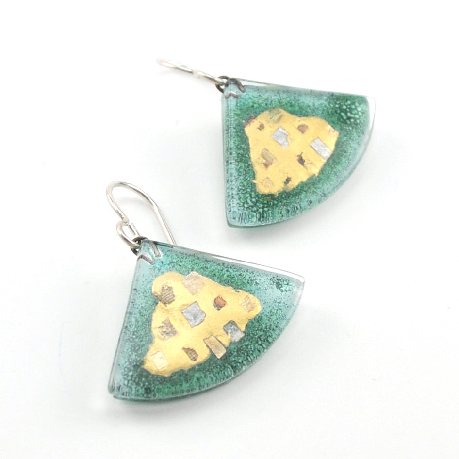 Glass Aqua Golden Phase Fan Earrings