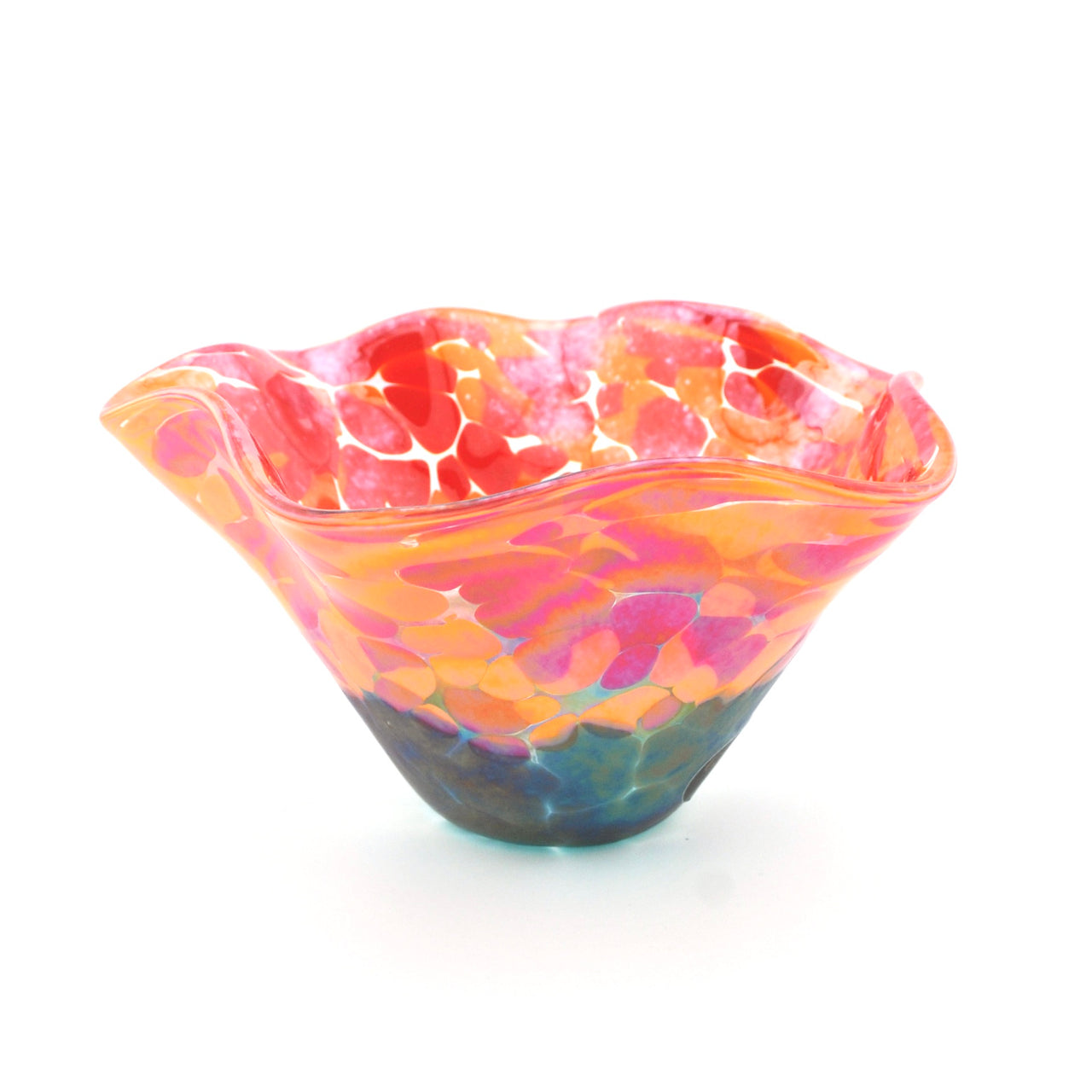 Colorful glass bowl with pink, orange, and blue swirls on a white background
