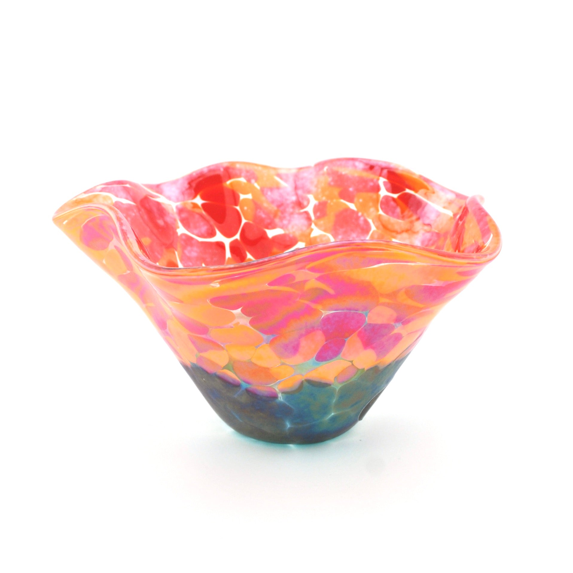 Colorful glass bowl with pink, orange, and blue swirls on a white background