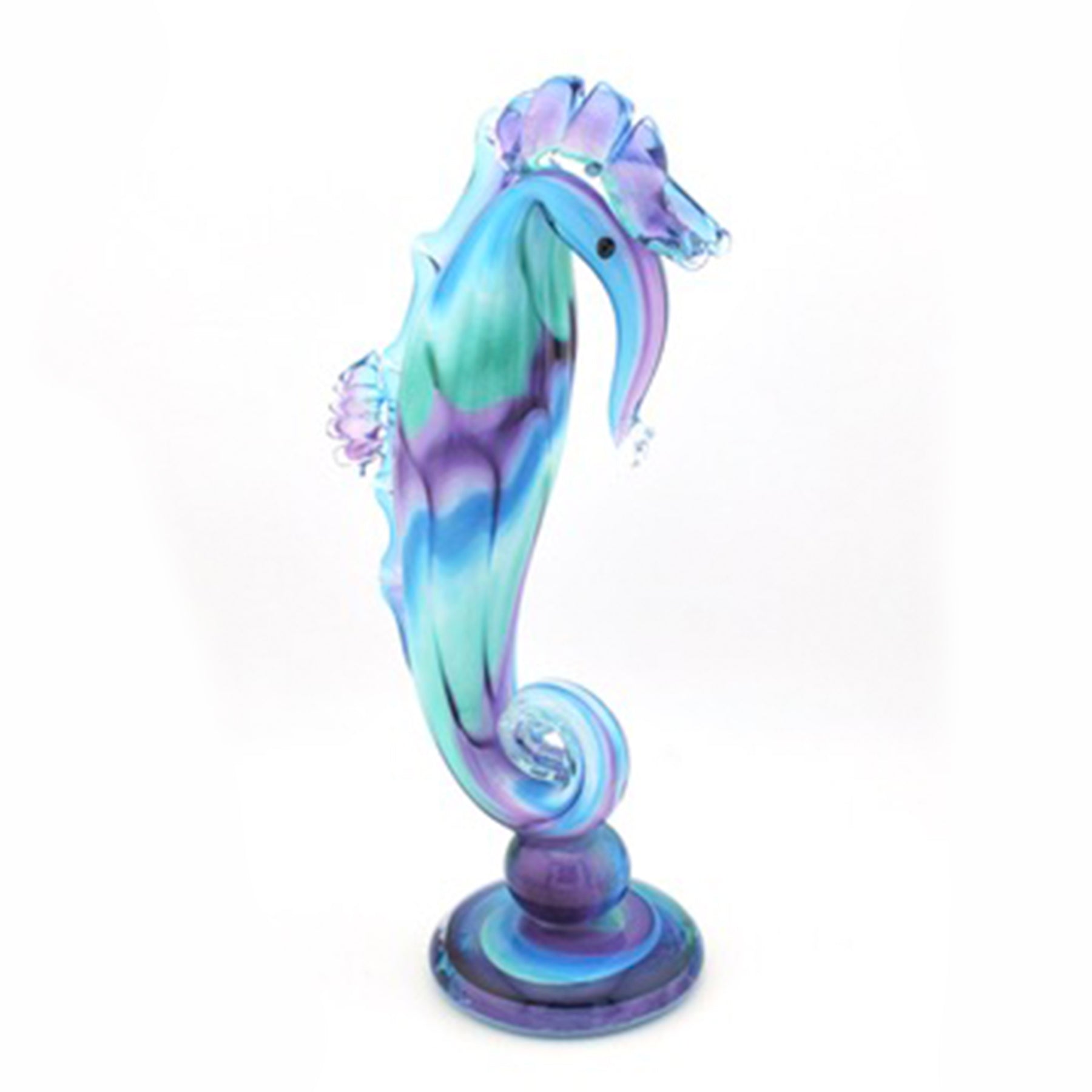 Colorful glass seahorse figurine on a white background