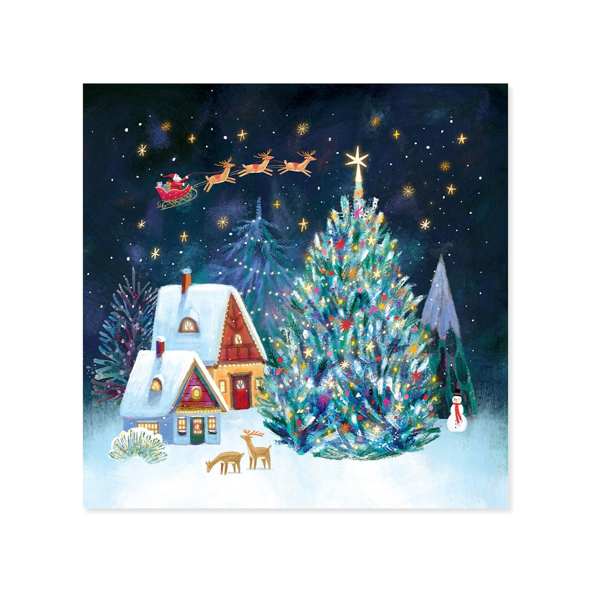 A square Christmas art print featuring a snowy night scene with a decorated tree, a cozy house, Santa in his sleigh, stars, and a snowman, shown against a white background.