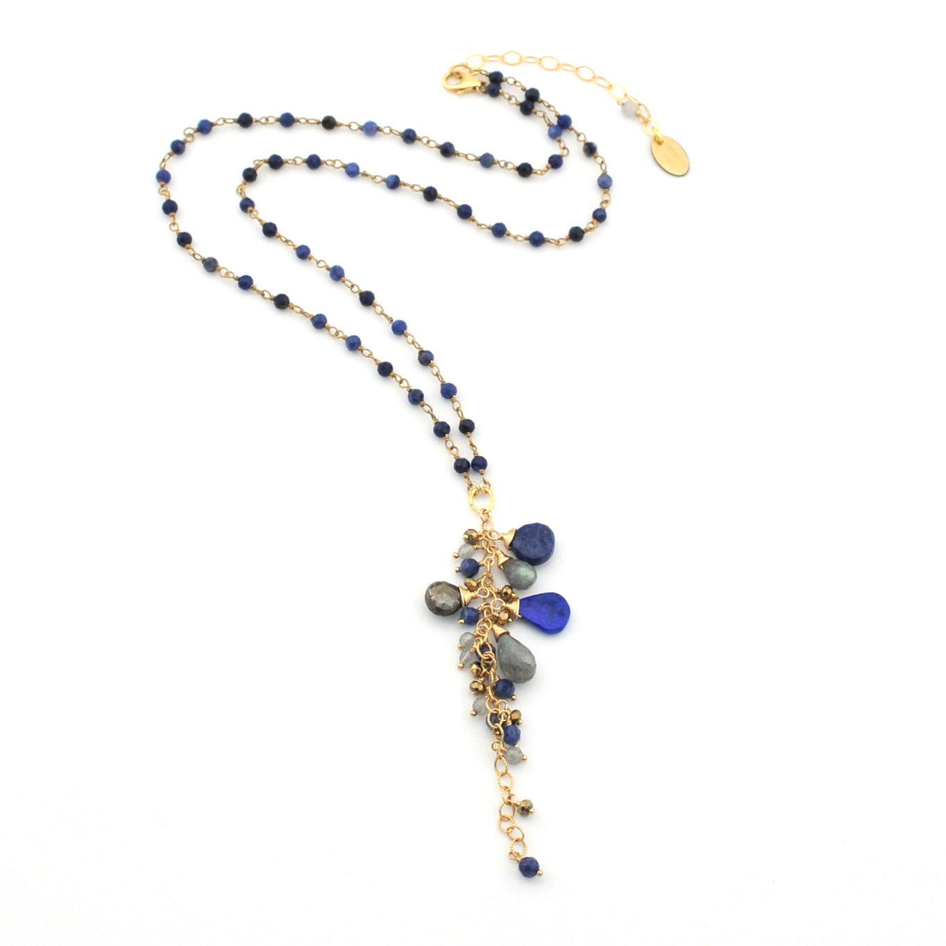 Necklace with blue and gray beads on a white background