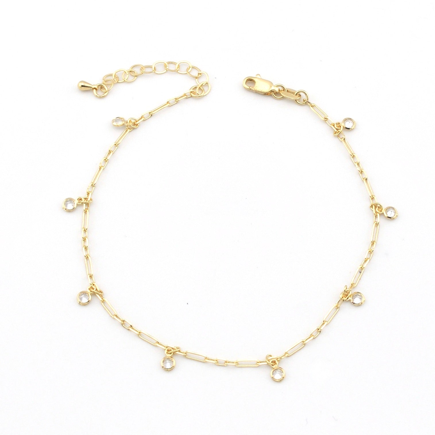 Gold Fill Paperclip with CZ Drops Anklet