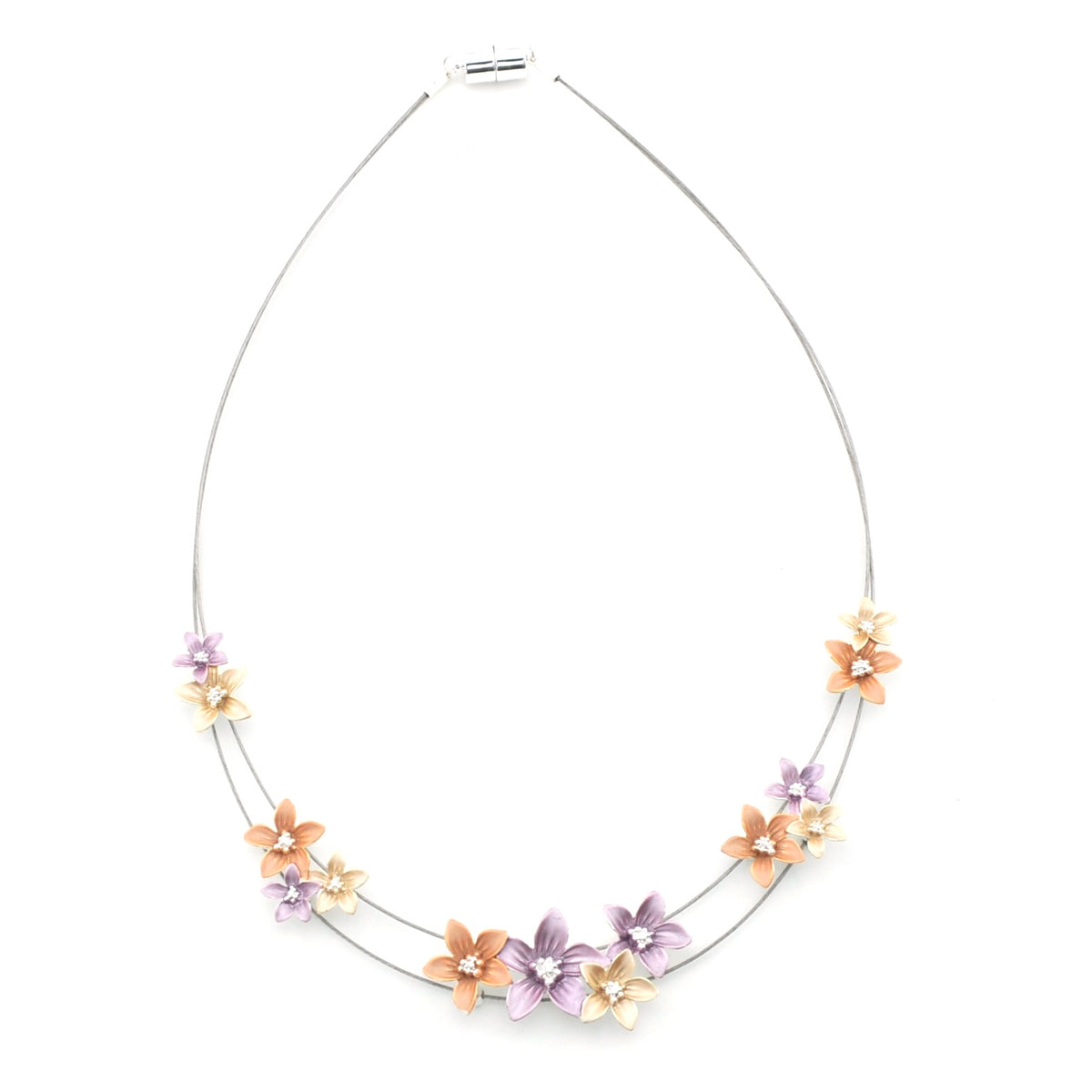 Wire necklace with purple, peach and gold flowers on white background.
